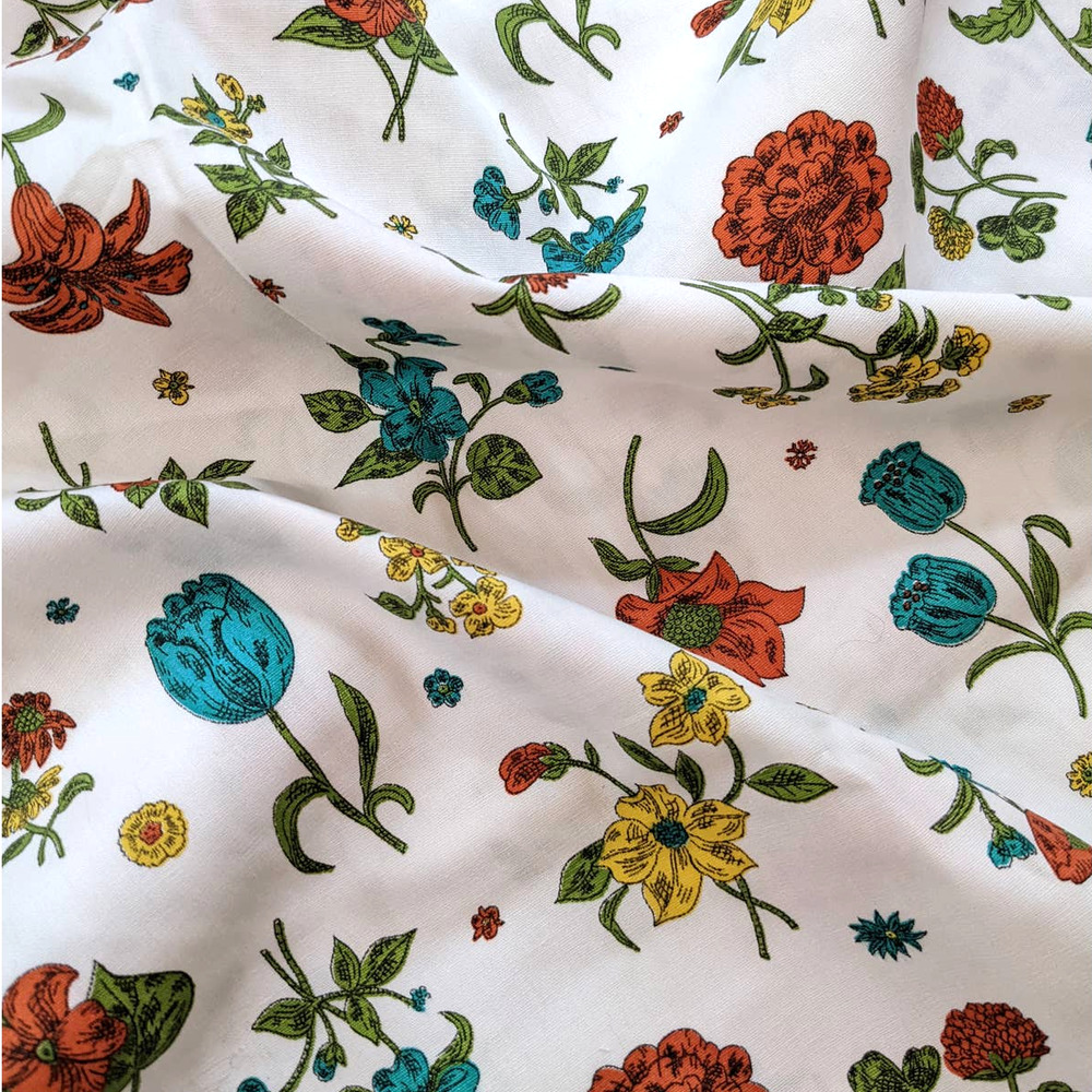 Vintage Mid-Century Floral Fabric, Day Lilies Tulips Mums,‎ Blue Orange Yellow